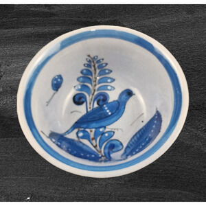 Serving Bowl Vintage Tonala Mexican Blue Bird Pottery, Signed by Artist